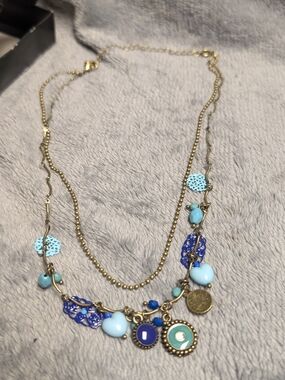 Gold-Tone Multi-Charm Necklace with Blue & Turquoise Accents
